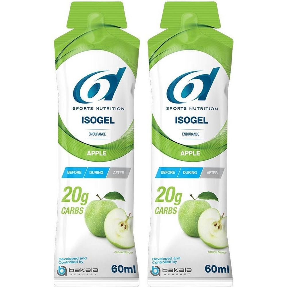 Deux sachets de 6D Sports Nutrition Isogel Pomme. Design vert et blanc. Contient 20g de glucides. 60ml. Marque et logo visibles.