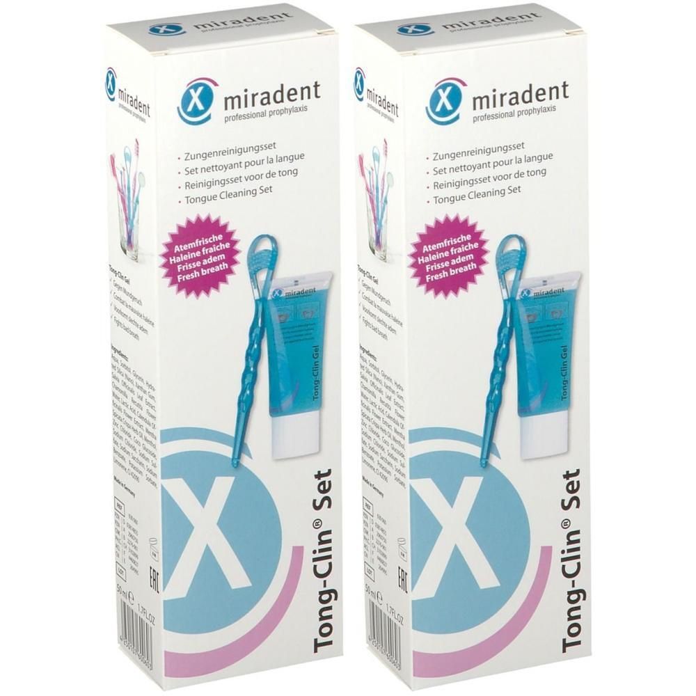 Twee productverpakkingen. Opschrift: miradent Tong-Clin Set. Bevat tongreiniger en tandpasta.