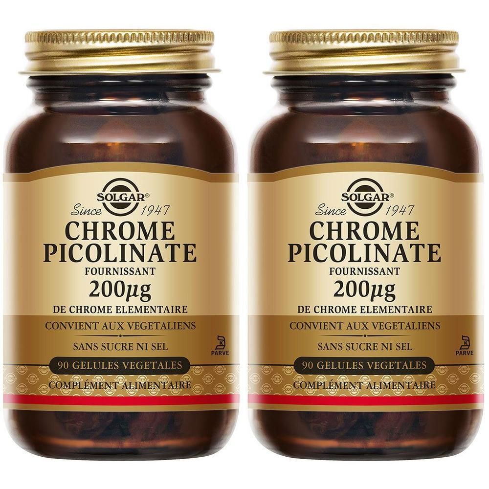 Twee flessen Solgar Chrome Picolinate. Bruine glazen flessen met gouden doppen en etiketten. Tekst: Chrome Picolinate 200µg.