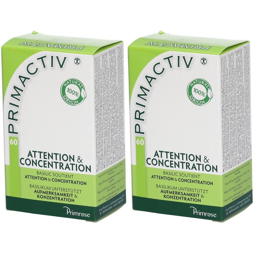 Deux boîtes vertes avec texte blanc. Inscription: PRIMACTIV, 60, ATTENTION & CONCENTRATION, 100% Natural Origin. Logo Primrose.