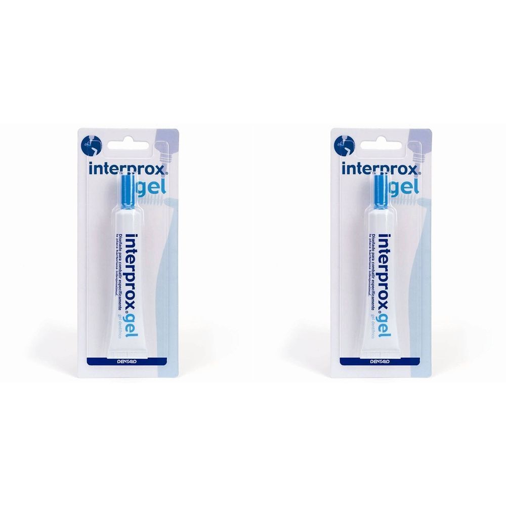 Twee verpakkingen Interprox gel. Elke verpakking bevat een tube gel in een blisterverpakking. Blauw en wit kleurenschema.