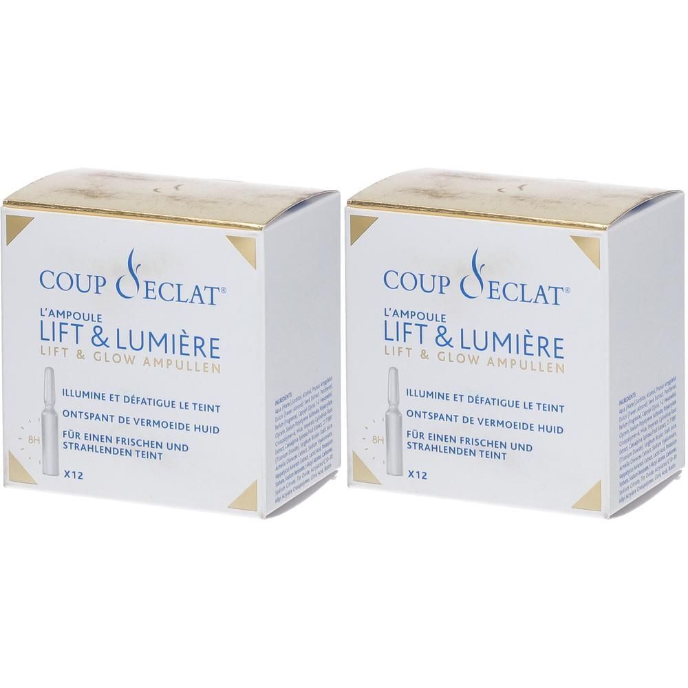 Twee verpakkingen van Coup d'Éclat® Lift & Lumière Ampullen. Witte dozen met gouden accenten en productnaam.