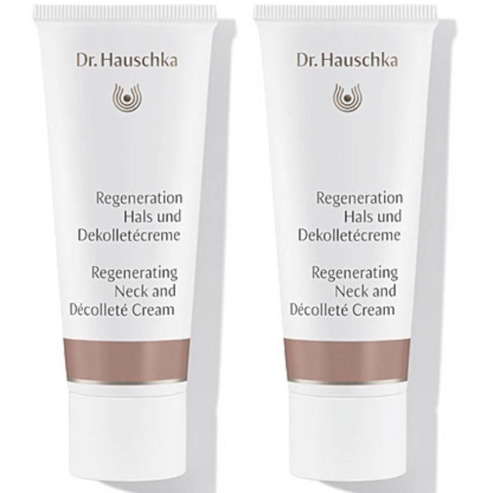 Twee crèmetubes. Opschrift: Dr. Hauschka, Regeneration Hals und Dekolletécreme, Regenerating Neck and Décolleté Cream.