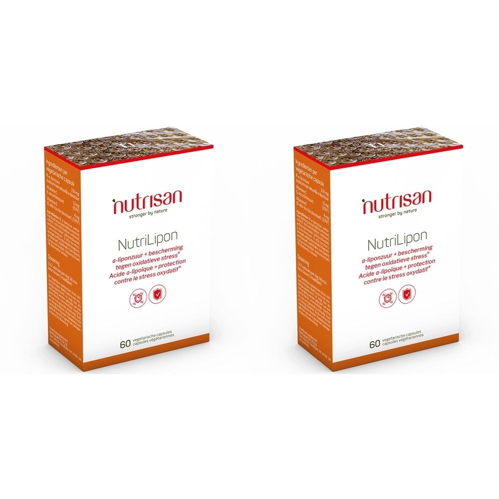 Twee rechthoekige dozen met Nutrisan Nutrilipon. Oranje accenten. 60 capsules.