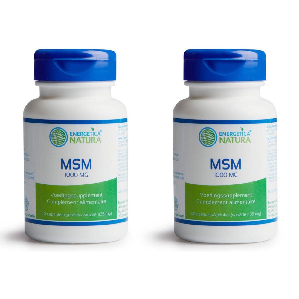 Twee witte flessen met blauwe doppen. Opschrift: Energetica Natura MSM 1000 mg. Voedingssupplement.