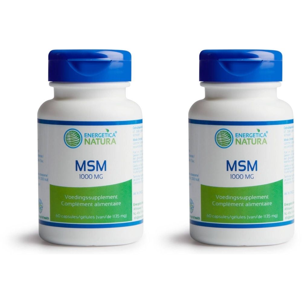 Twee witte flessen met blauwe doppen. Opschrift: Energetica Natura MSM 1000 mg. Voedingssupplement.