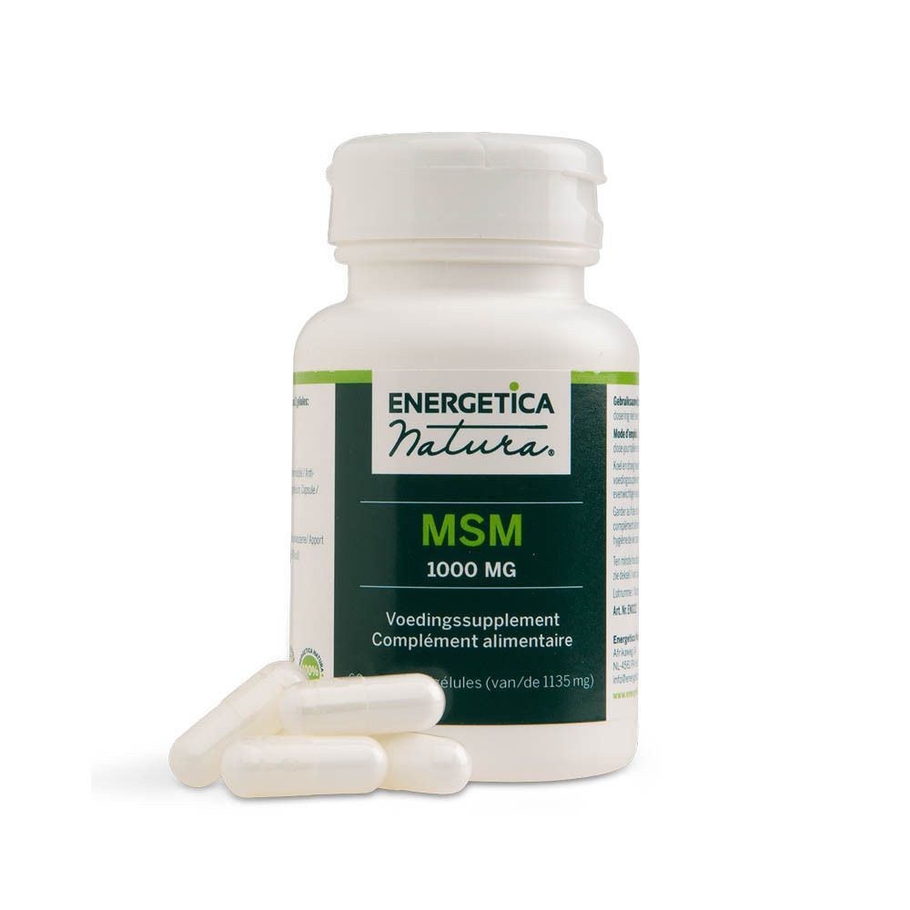 Een flacon MSM 1000 mg voedingssupplement met capsules.