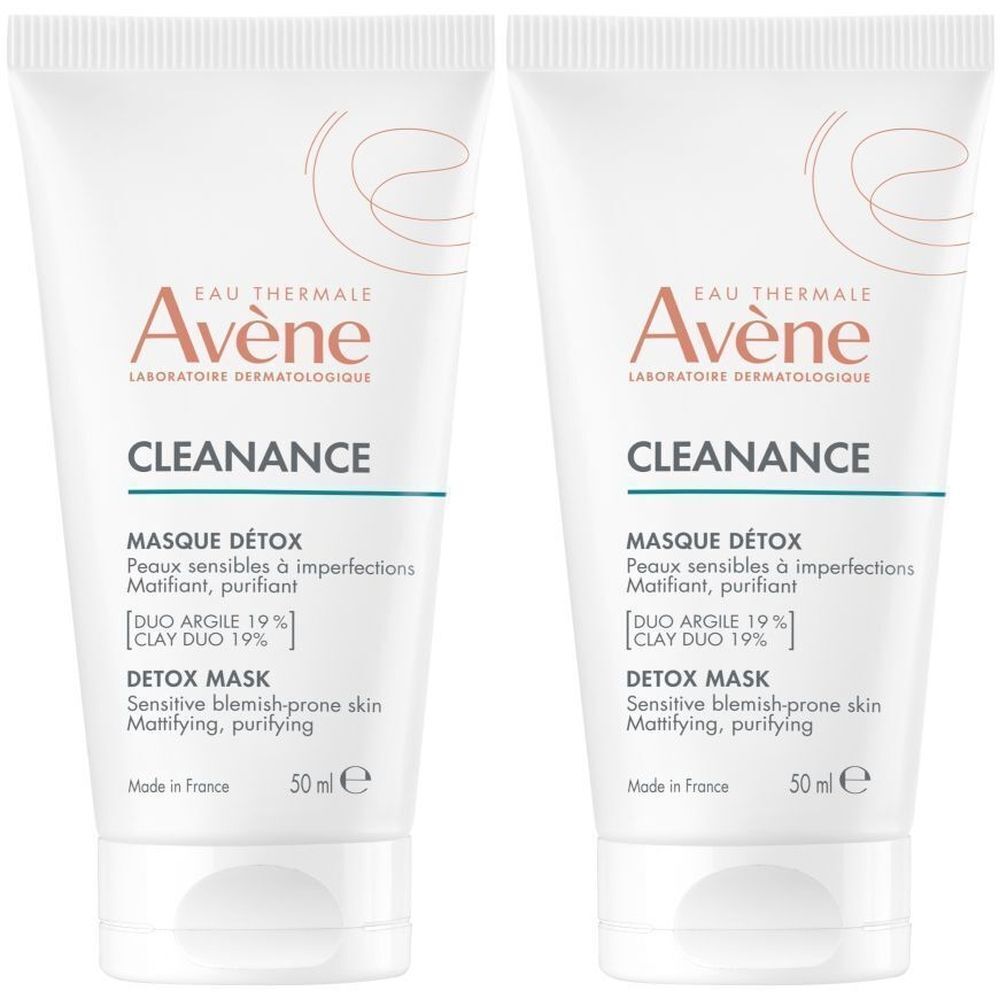 Deux tubes blancs de Avène Cleanance Masque Détox. Inscription: Detox Mask, Duo Argile 19%, 50 ml. Fabriqué en France.