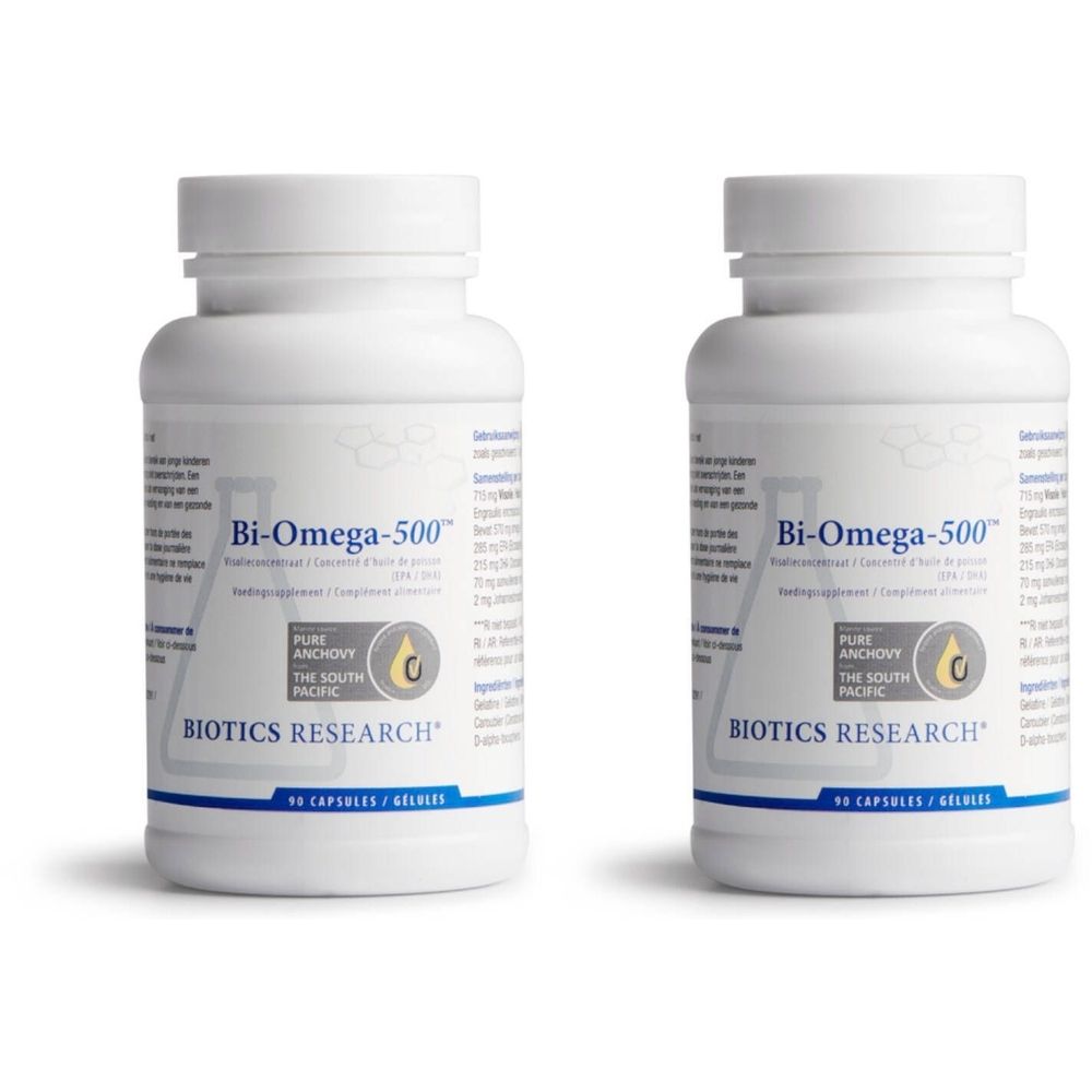Twee witte flessen Bi-Omega-500. Opschrift: Biotics Research, Pure Anchovy, 90 capsules.