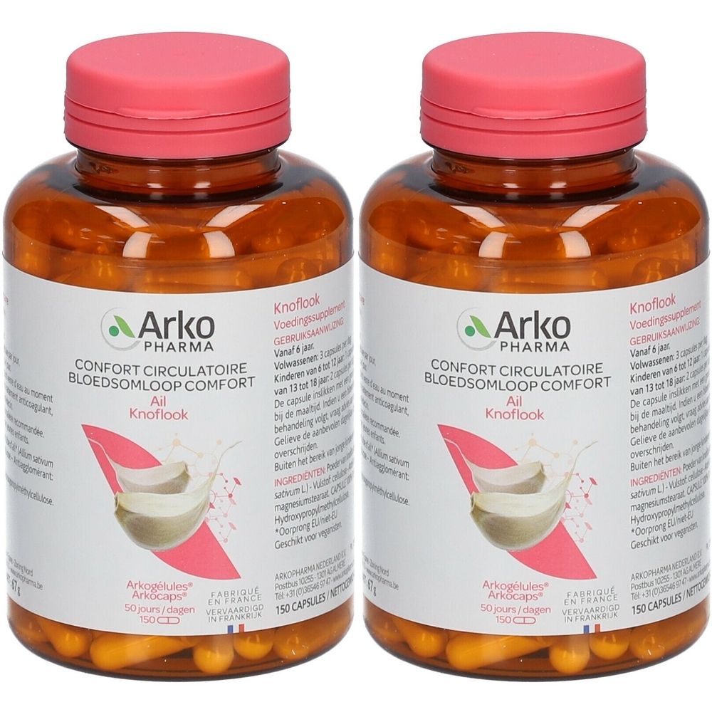 Twee flessen met roze deksels. Labels met "Arko Pharma" en "Confort Circulatoire Bloedsomloop Comfort Ail Knoflook". 