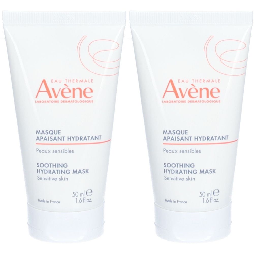Twee tubes Avene gezichtsmasker. Wit, met rood logo en tekst. "Masque apaisant hydratant" en "50 ml" zijn zichtbaar.