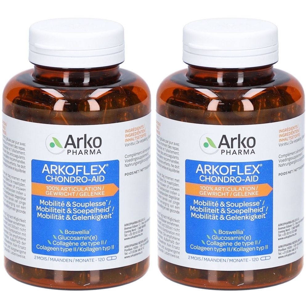 Twee bruine flessen Arkoflex Chondro-Aid. Blauwe etiketten met productinfo. Witte doppen.