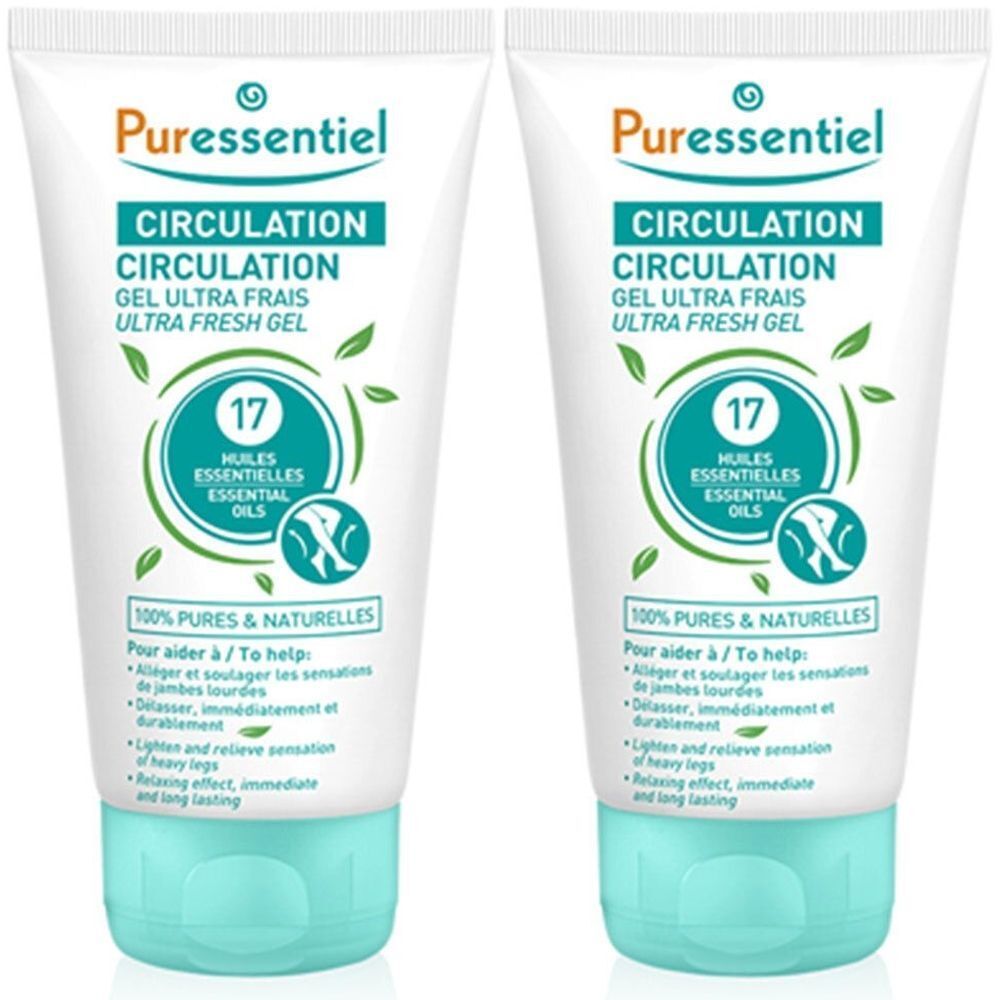 Twee tubes Puressentiel Circulation gel. Opschrift: Gel Ultra Frais, 17 essentiële oliën. Witte basis, turquoise dop.