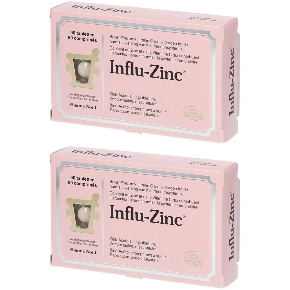 Twee roze dozen met "Influ-Zinc" tekst. Elke doos bevat 90 tabletten. Tabletten zichtbaar in blisterverpakking.