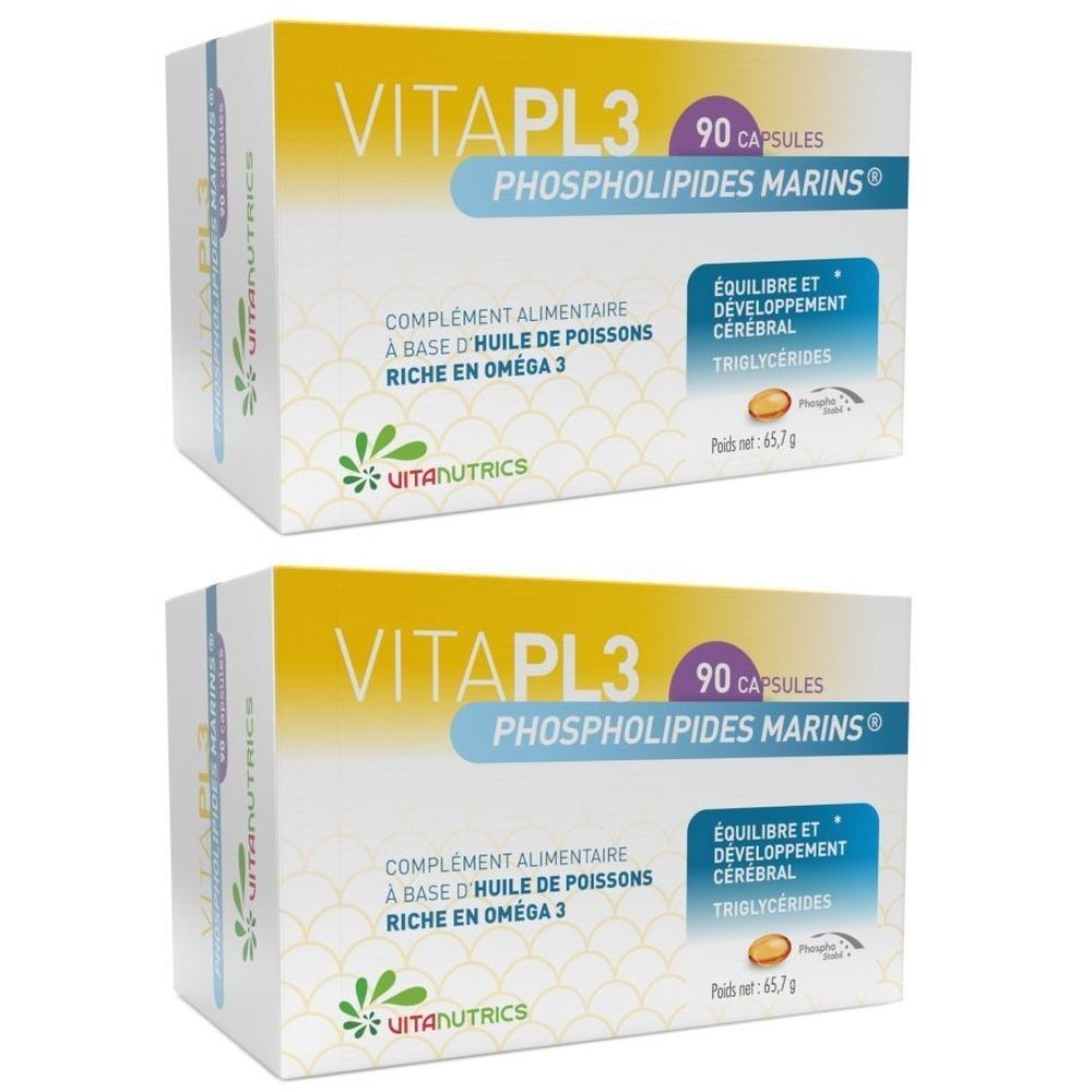Deux boîtes de VitaPL3, 90 capsules, Phospholipides Marins. Complément alimentaire à base d'huile de poissons riche en Oméga 3. Marque Vitanutrics.