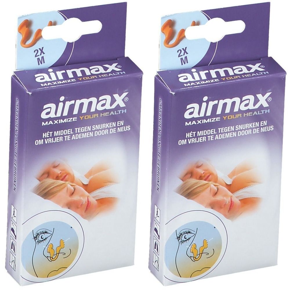 Twee Airmax-verpakkingen, neusspreiders. Paarse verpakking met afbeelding en tekst. Maat M, 2 stuks.
