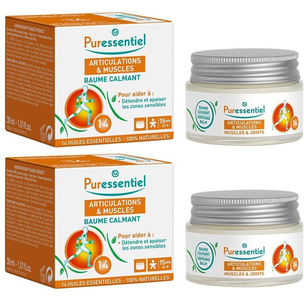 Twee dozen en twee potjes. Opschrift: Puressentiel, Articulations & Muscles, Baume Calmant. 14 Huiles Essentielles.