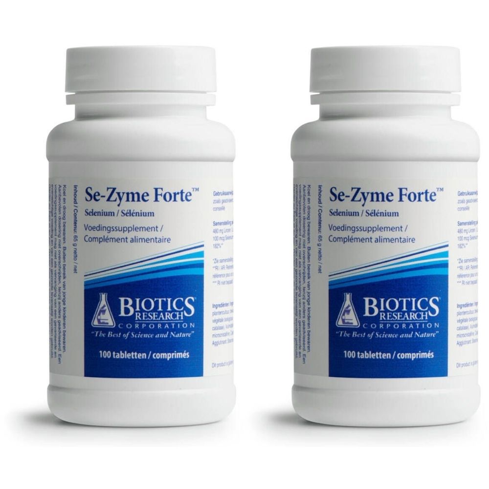 Deux flacons blancs avec étiquettes. Inscription : Se-Zyme Forte, Biotics Research Corporation. 100 comprimés.