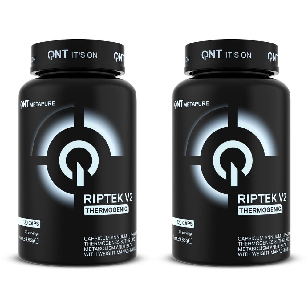 Twee zwarte flessen met witte tekst. Opschrift: QNT, Riptek V2, Thermogenic. Capsules. Opschrift: Metapure.