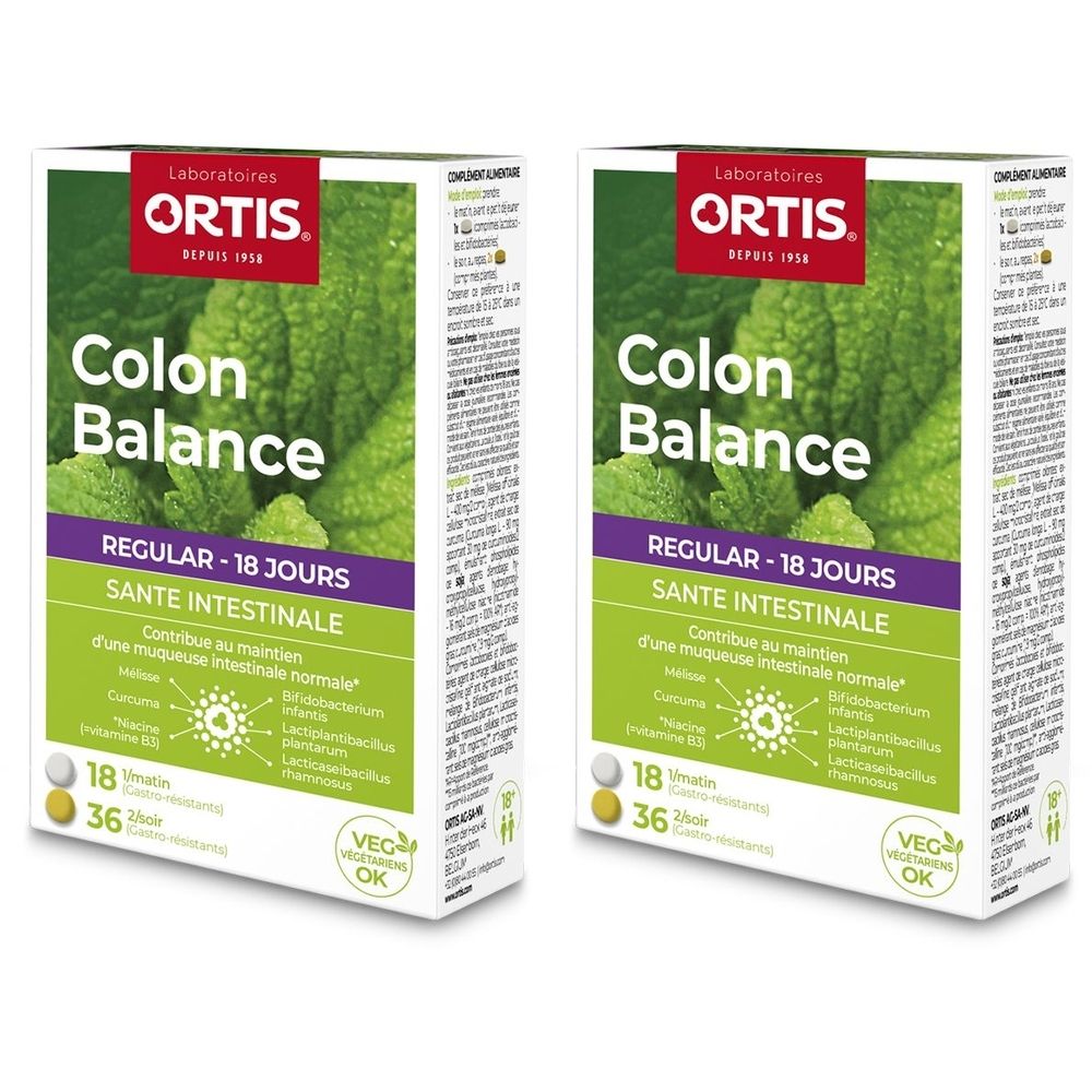 Twee dozen "Colon Balance". Groen-witte verpakking met logo en tekst. Bevat 18 tabletten. Vegan OK.