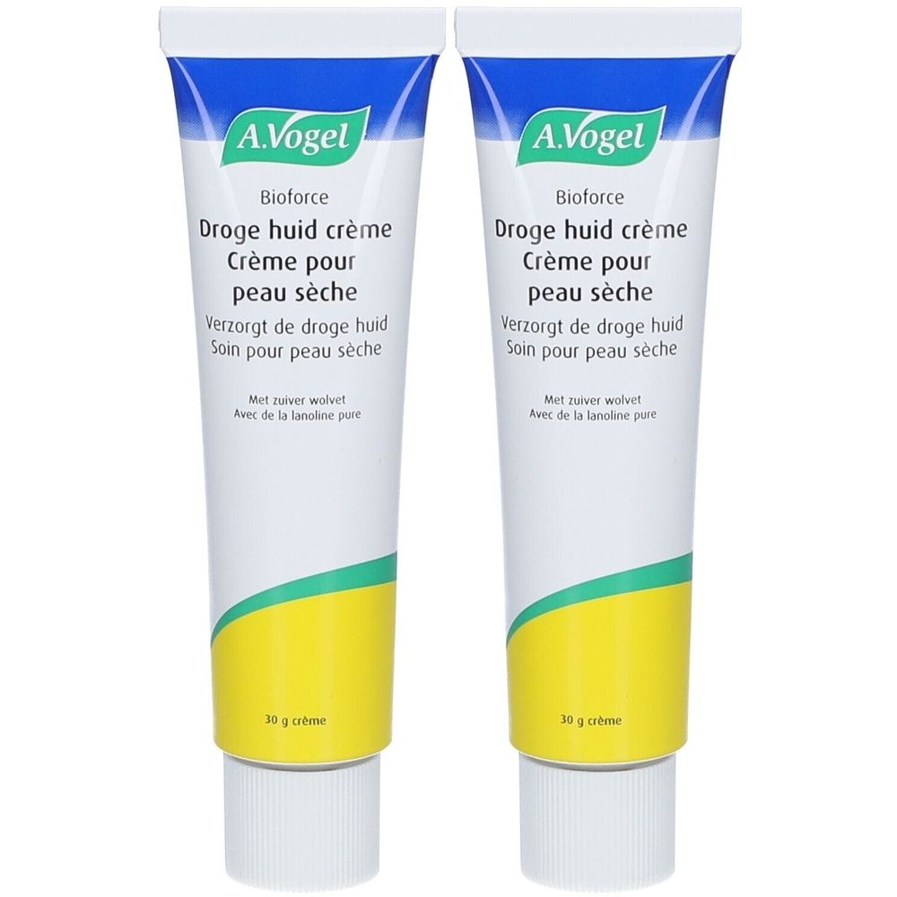 Twee tubes A.Vogel Creme Bioforce. Witte tubes met blauwe en gele tekst. Tekst: Droge huid crème, Crème pour peau sèche.