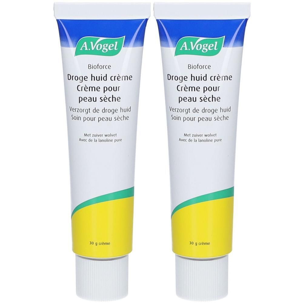Deux tubes de crème A. Vogel Bioforce. Tubes blancs avec texte bleu et jaune. Texte: "Drogue huid crème".