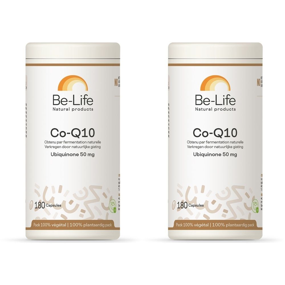 Twee witte cilindervormige flacons met etiketten. Opschrift: Be-Life, Co-Q10, Ubiquinone 50 mg, 180 capsules. Natuurlijke producten.