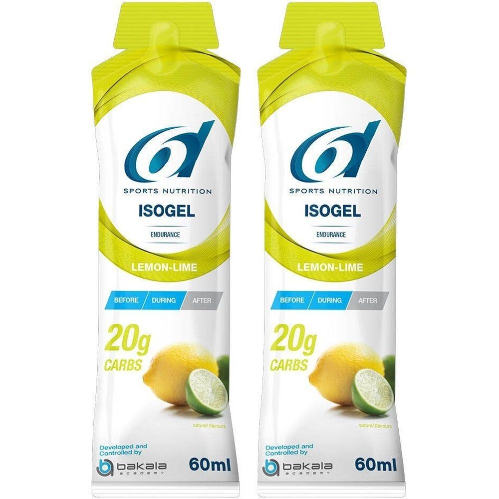 Twee zakjes 6D Sports Nutrition Isogel, citroen-limoen. Bevat 20g koolhydraten. 60ml. Met citroen en limoen.