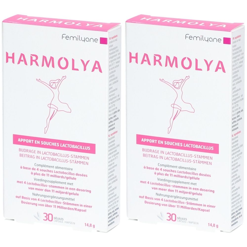 Twee Femilyane Harmolya-verpakkingen. Witte dozen met roze tekst en afbeelding van een vrouw. Tekst: "Apport en souches Lactobacillus".