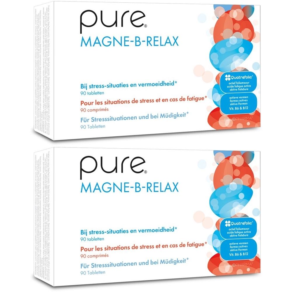 Twee verpakkingen Pure Magne-B-Relax. Witte dozen met productnaam en kleurrijke graphics. Tekst in het Nederlands, Frans en Duits.