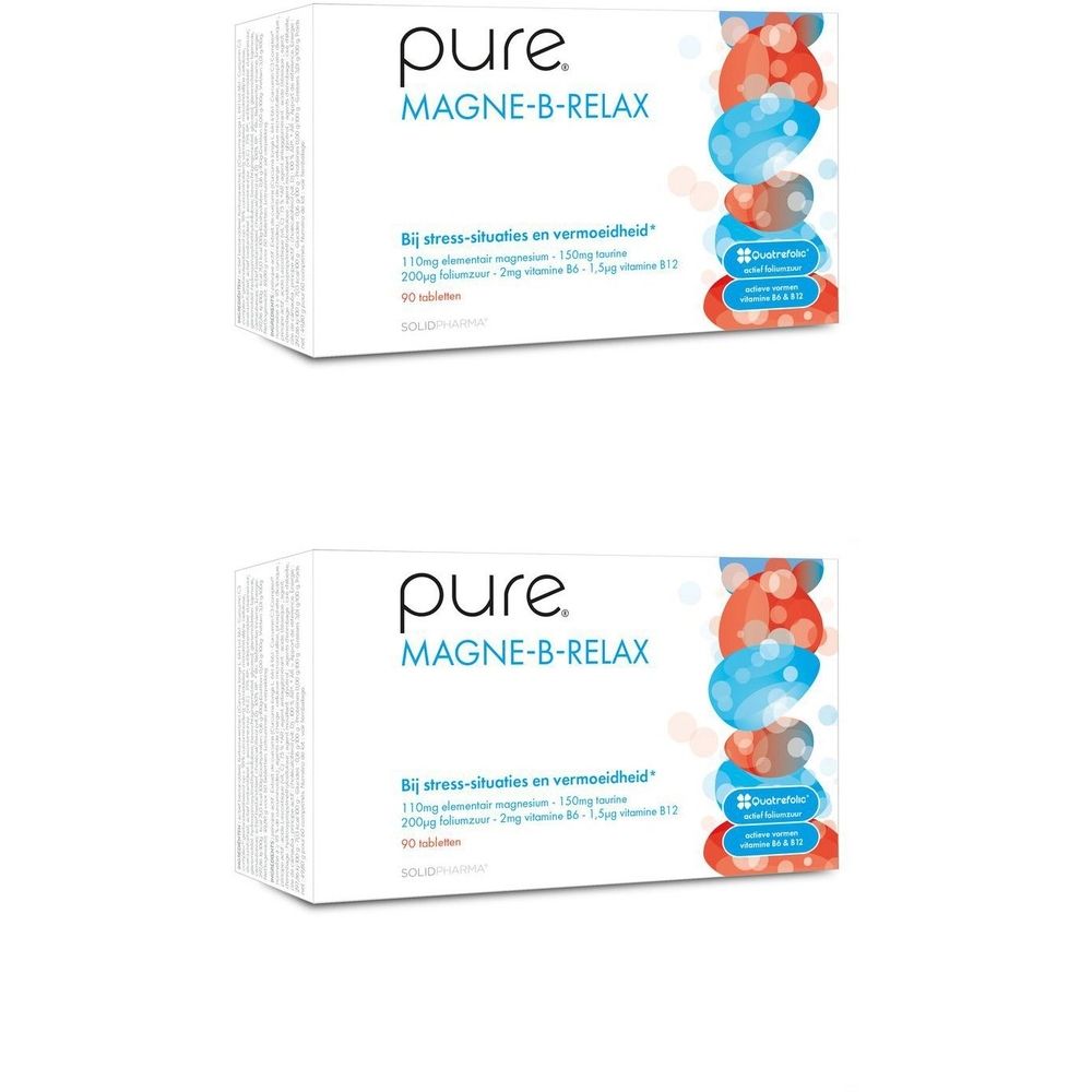 Twee verpakkingen Pure Magne-B-Relax. Witte dozen met productnaam en kleurrijke graphics. Tekst in het Nederlands.