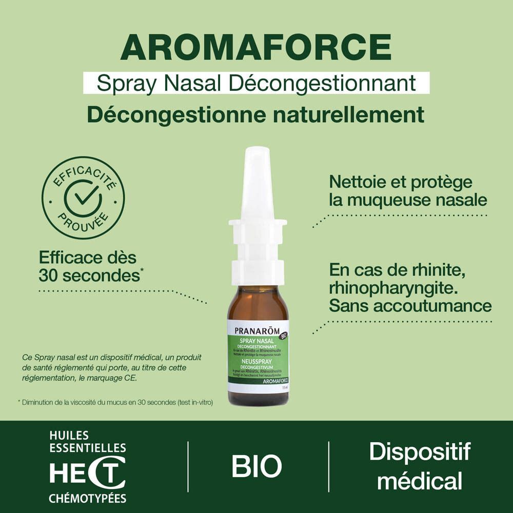 Flacon de spray nasal Pranarom. Texte : Aromaforce, Spray Nasal Décongestionnant. Étiquetage vert et blanc. Certification bio.