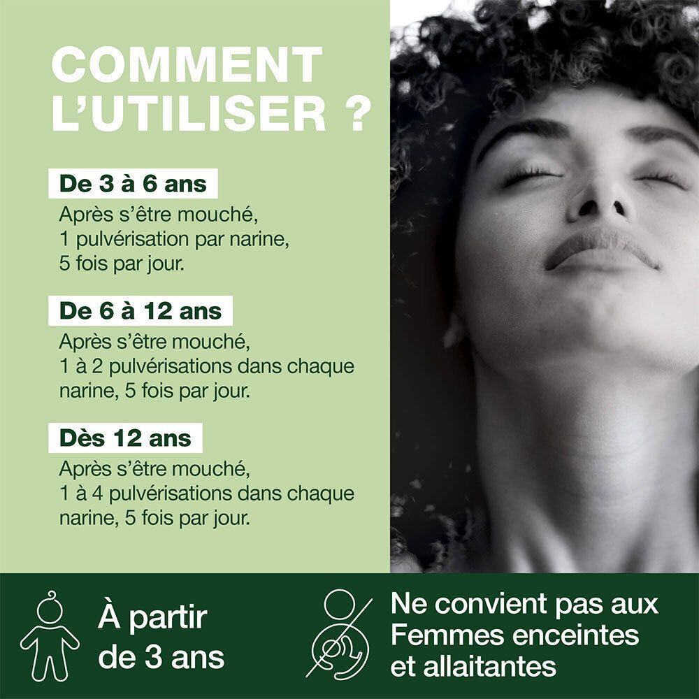 Instructions d'utilisation. Texte : Pour enfants dès 3 ans. 1 pulvérisation par narine, 5 fois par jour. Non pour femmes enceintes/allaitantes.