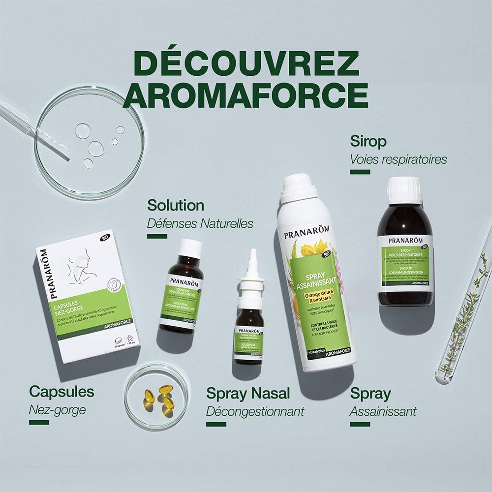 Divers produits Pranarom. Spray nasal, gélules, sirop, etc. Tous les produits avec des étiquettes vertes et blanches.