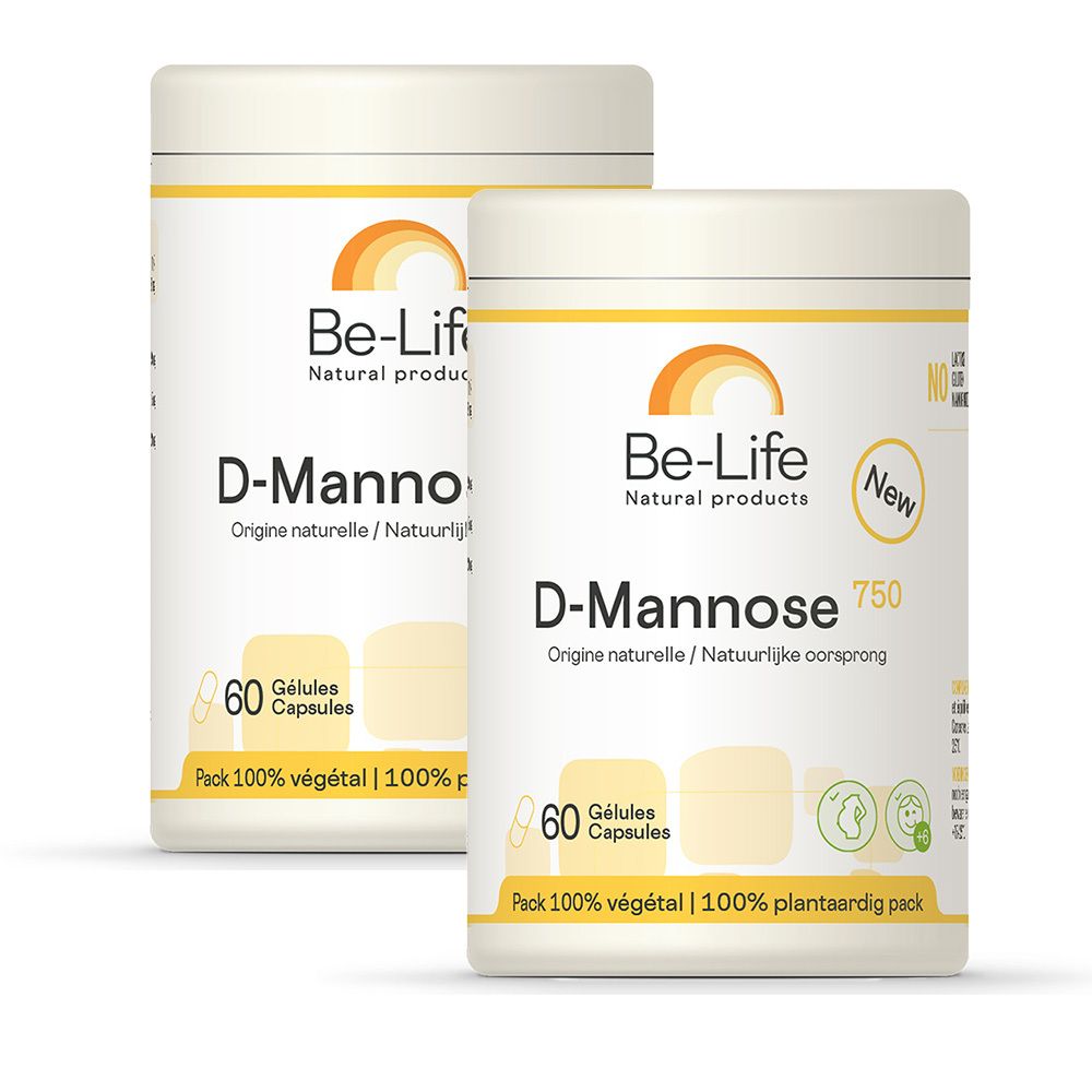 Witte pot met gele deksel. Opschrift: Be-Life D-Mannose 750. 60 capsules. 100% plantaardige verpakking. Tweede pot op de achtergrond.