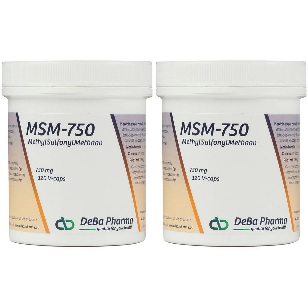 Twee witte potten met deksels. Opschrift MSM-750, MethylSulfonylMethaan, 750 mg, 120 V-caps. DeBa Pharma logo en tekst.