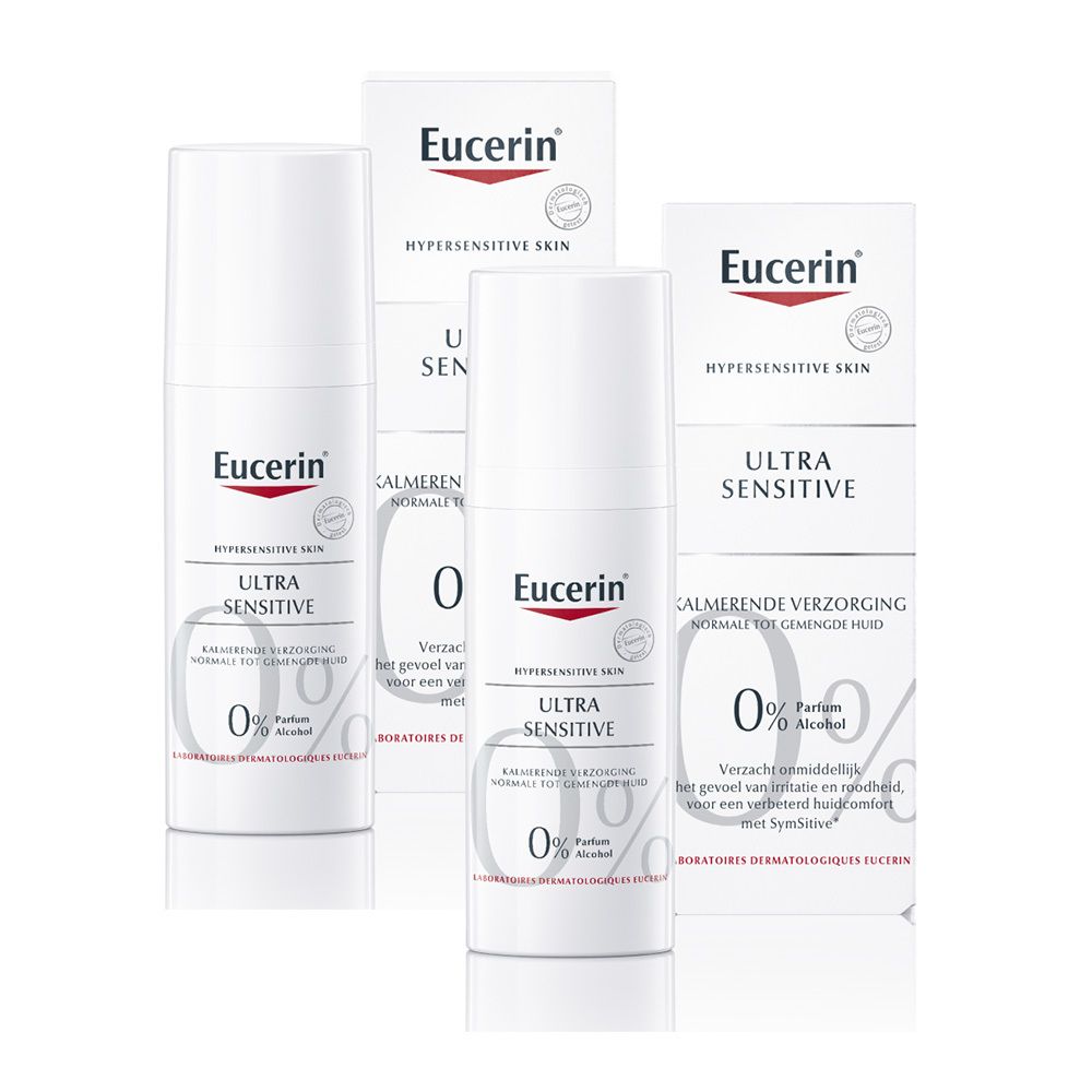Plusieurs flacons et boîtes blancs Eucerin Ultra Sensitive. Inscription : 0% Alcool.