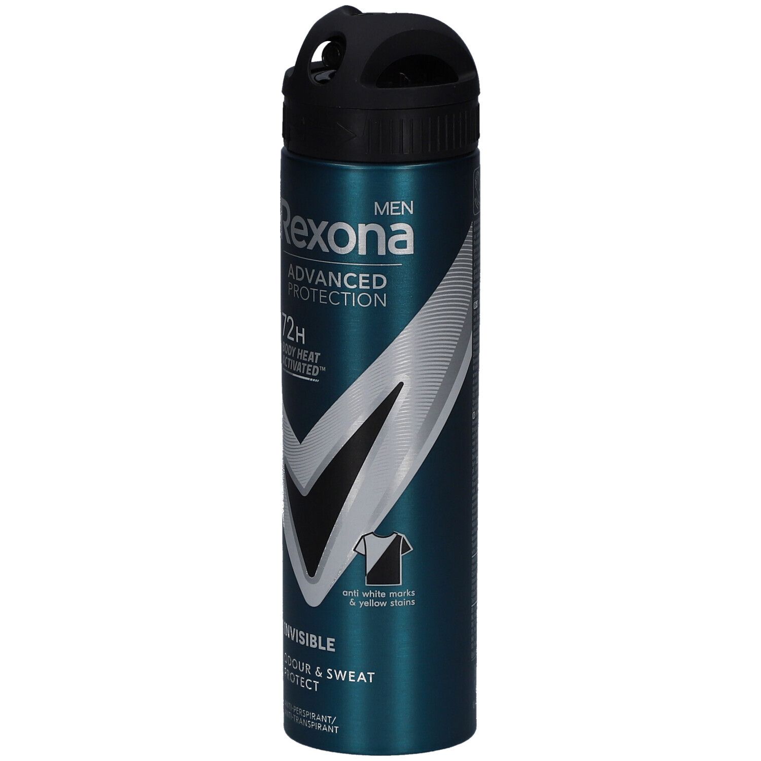 Turquoise deodorant spray met zwarte dop. Opschrift: Rexona, Advanced Protection, 72H, Invisible. Bevat anti-witte vlekken.