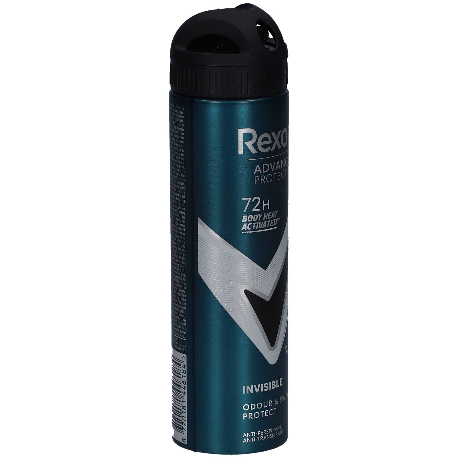 Turquoise deodorant spray met zwarte dop. Opschrift: Rexona, Advanced Protection, 72H, Invisible. Voor mannen. Bescherming tegen geur en zweet.