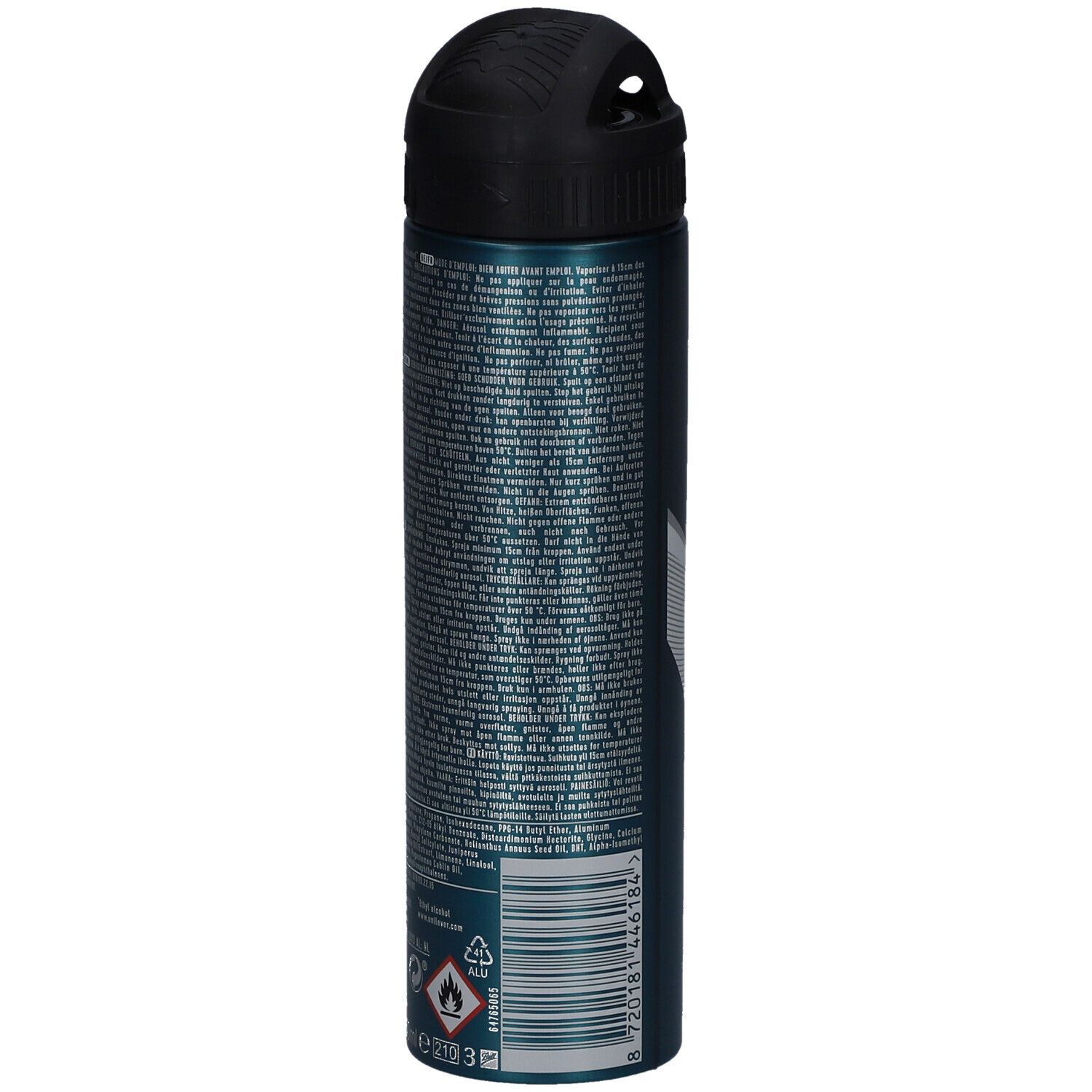 Achterkant van een turquoise deodorant spray met zwarte dop. Tekst in meerdere talen. Waarschuwingen en recyclingsymbolen.