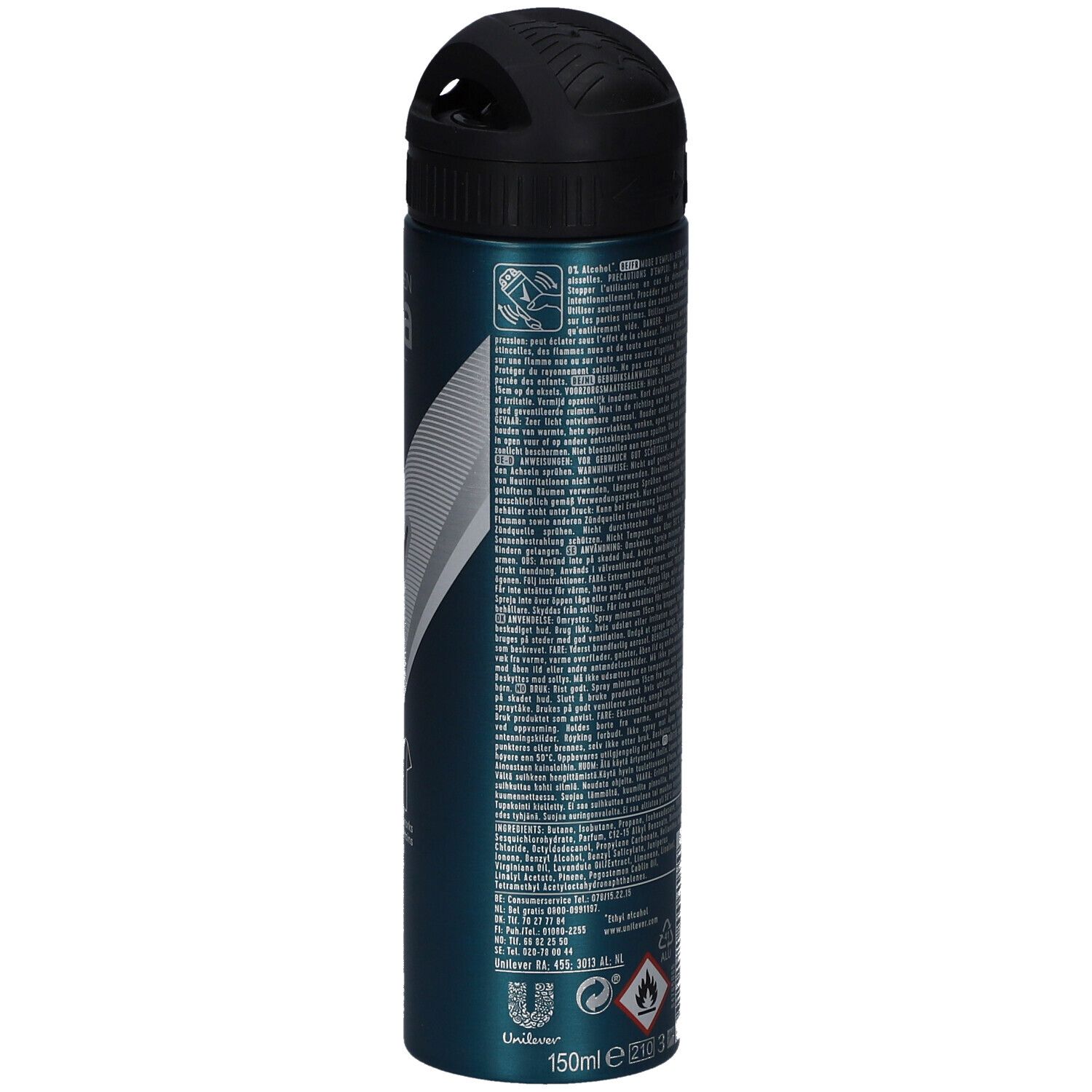Achterkant van een turquoise deodorant spray met zwarte dop. Tekst in meerdere talen. Volume: 150ml. Waarschuwingen en symbolen.