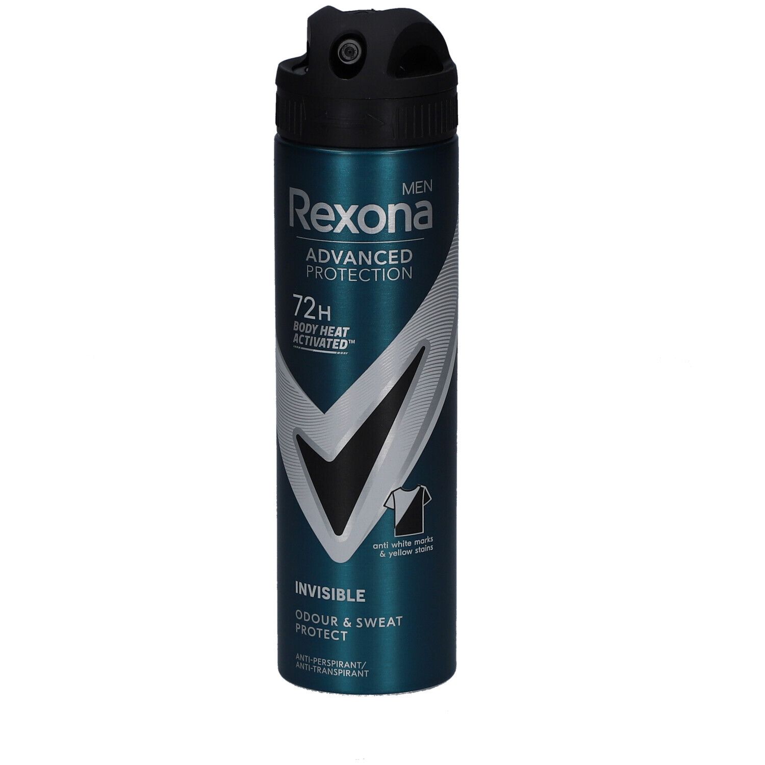 Turquoise deodorant spray met zwarte dop. Opschrift: Rexona, Advanced Protection, 72H, Invisible. Voor mannen. Bescherming tegen geur en zweet.