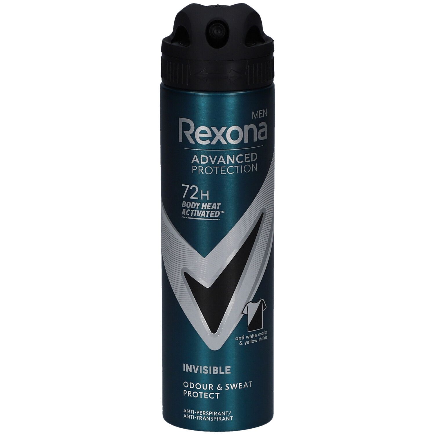 Turquoise deodorant spray met zwarte dop. Opschrift: Rexona, Advanced Protection, 72H, Invisible. Voor mannen. Bescherming tegen geur en zweet.