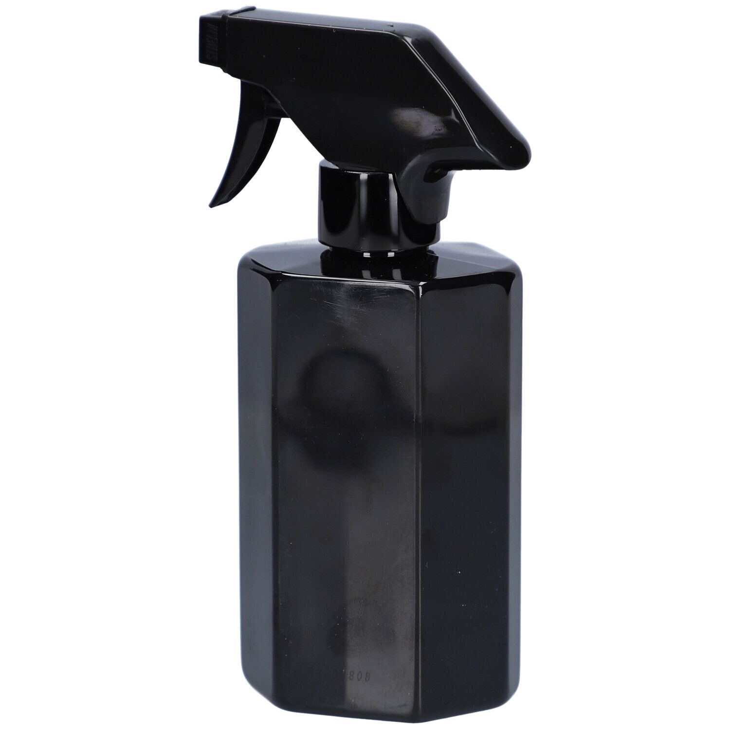 Zwarte spuitfles met sproeikop. Geen verdere details zichtbaar.