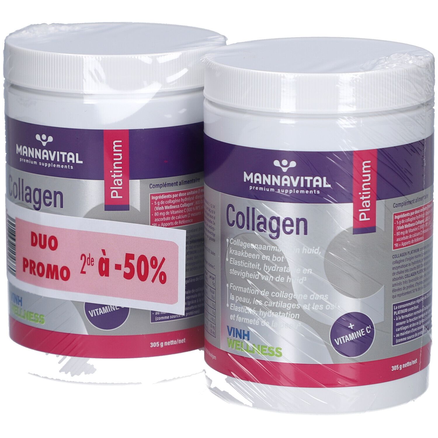 Deux boîtes blanches Mannavital Collagen Platinum, emballées dans du film plastique. Autocollant Duo Promo avec -50 % de réduction.