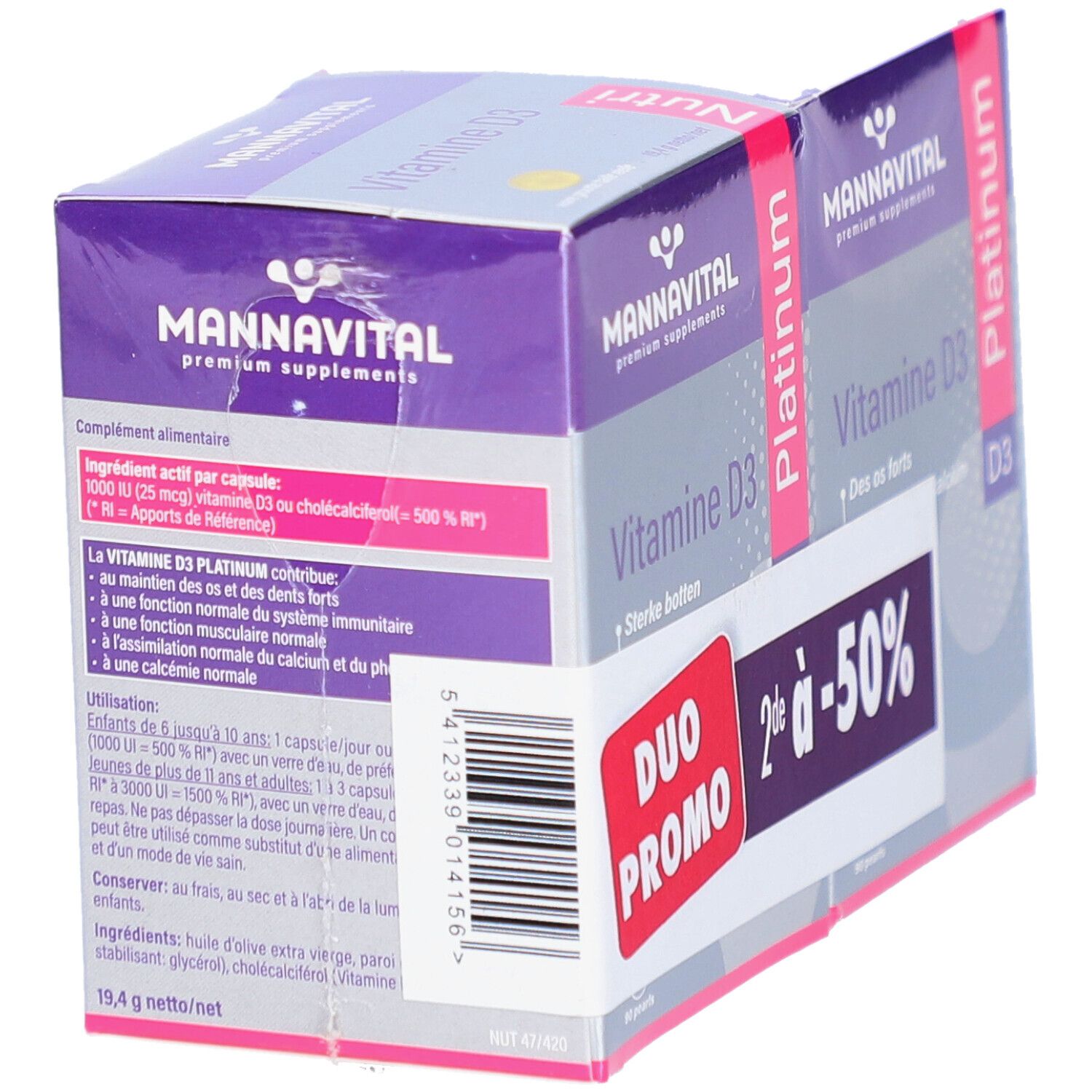 Emballage MannaVital Vitamine D3 Platinum. Contient des informations sur les ingrédients et le dosage. Violet et blanc.