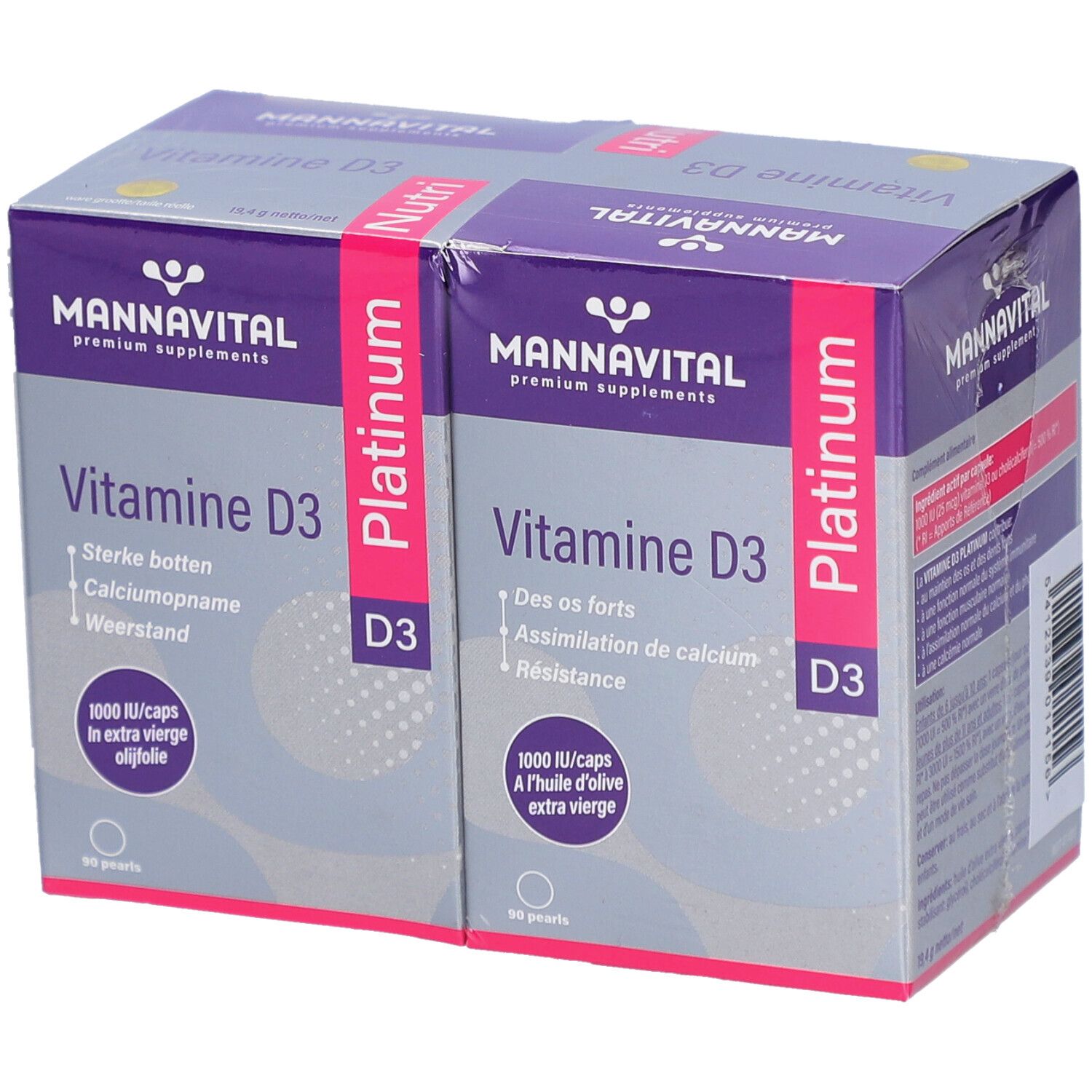Deux boîtes de MannaVital Vitamine D3 Platinum. Contient des informations sur les ingrédients et le dosage. Violet et blanc.