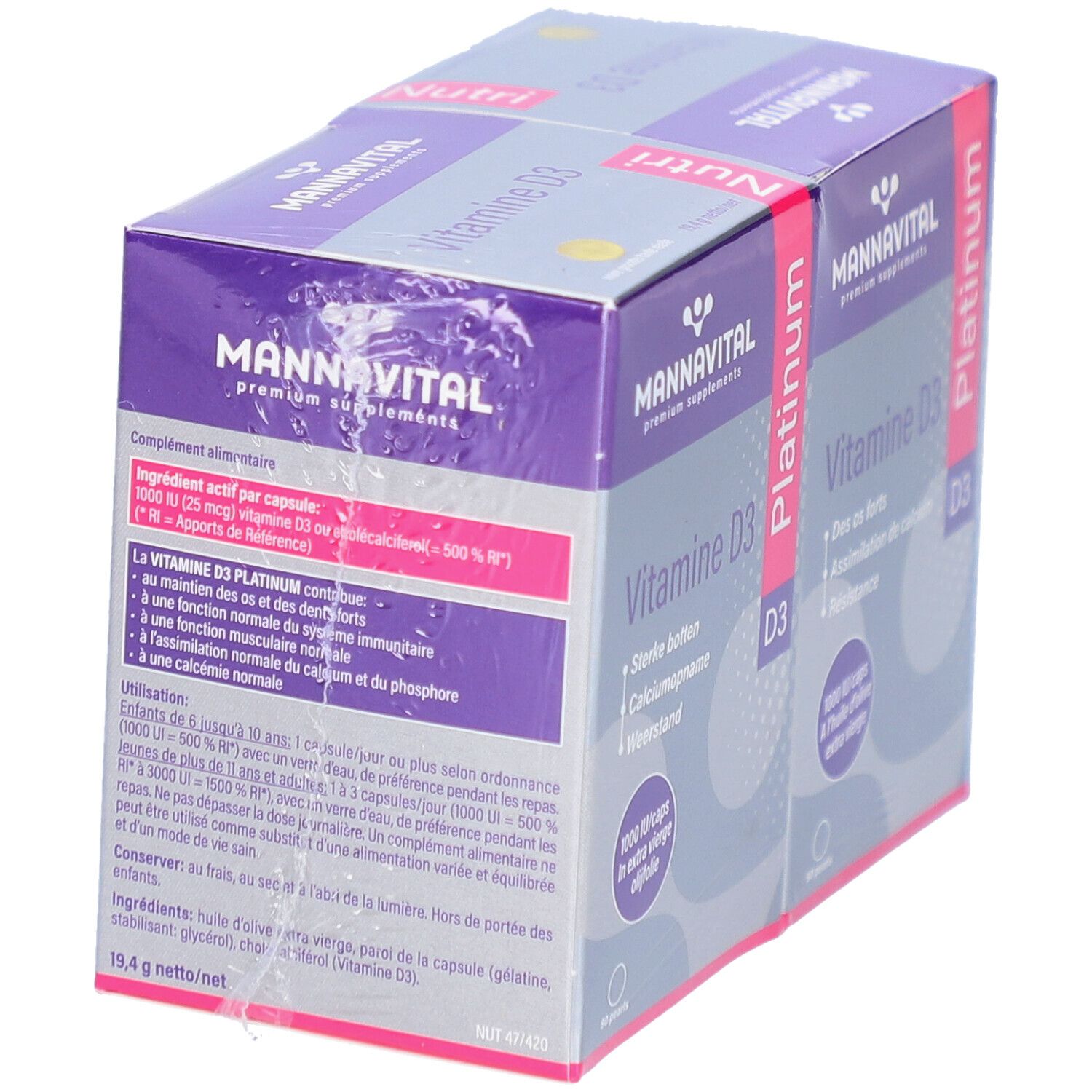 Emballage MannaVital Vitamine D3 Platinum. Contient des informations sur les ingrédients et le dosage. Violet et blanc.