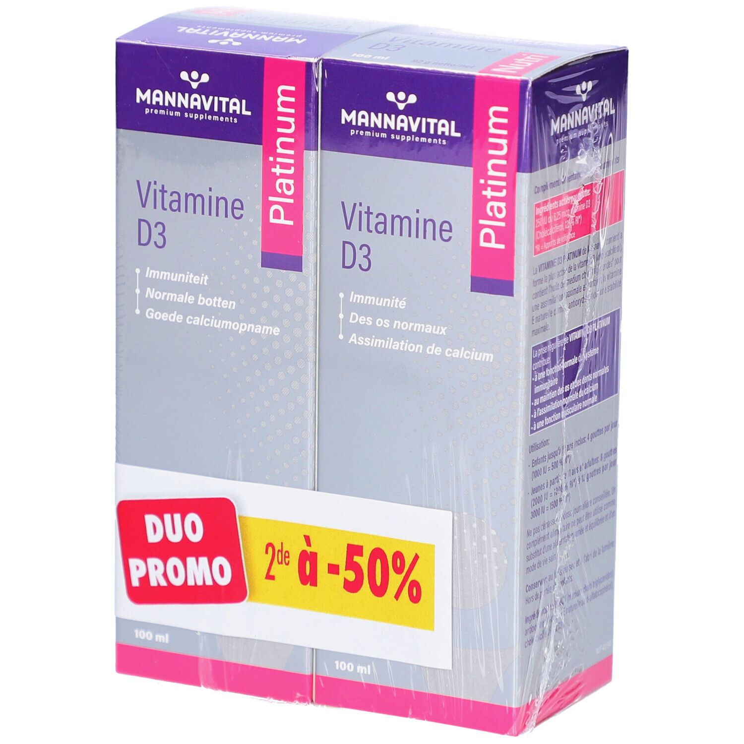 Duopack vitamine D3. Paarse en witte verpakking met productinfo. Duo Promo sticker met korting van 50%.