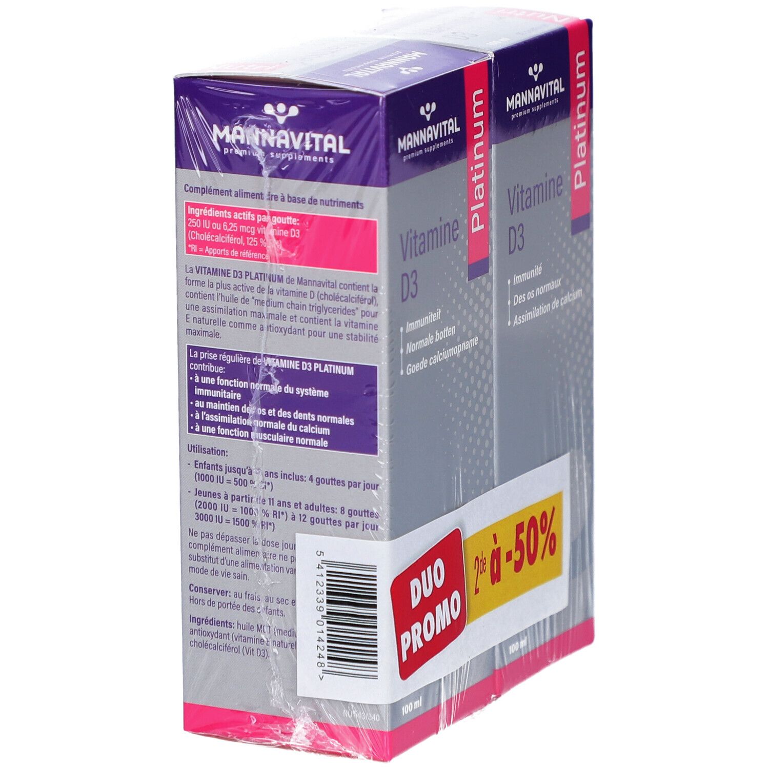 Duopack vitamine D3. Verpakking met productinfo. Duo Promo sticker. Achteraanzicht.